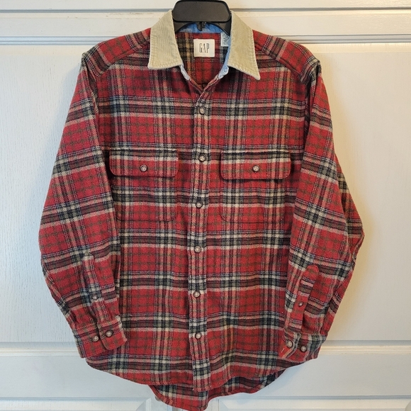 Y2K GAP Wool Red Green Plaid Flannel Button Up Shacket With Corduroy Collar - Picture 1 of 7